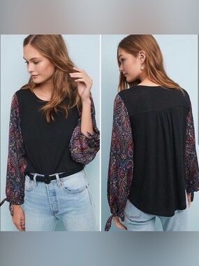 Anthropologie Akemi + Kin Paisley Sleeve Top Boho Balloon Sleeve Blouse, Medium
